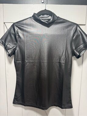 Faux Leather Mock Neck Short Sleeve Tee - Black